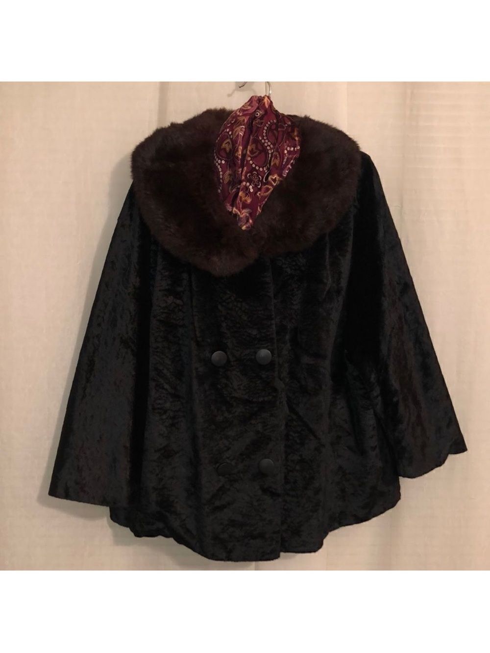 Vintage 16-18 Custom Sewn Real Fur Collar Plush Double Breasted Black Peacoat